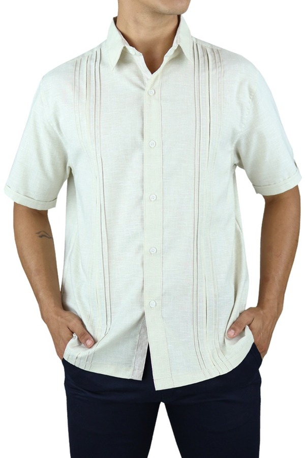 Camisa Manga Corta Color Arena Look Lino Con Alforzas Para Caballero